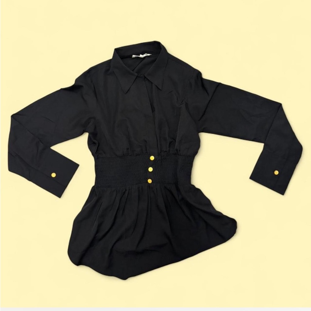 ✨ Black Wishing Waves gold button up blouse with gold  buttons Size M✨